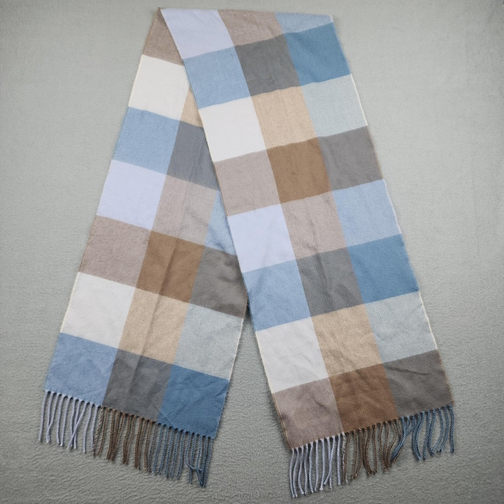 Cashmere Scarf Mens One Size Blue Brown Plaid Fringe Made In Scotland Winter